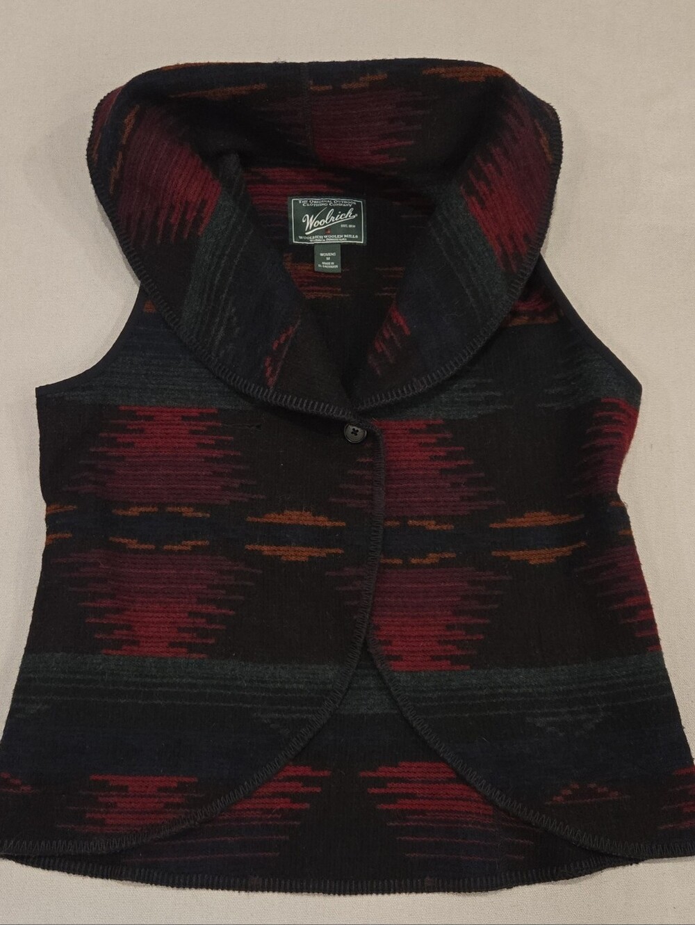 Woolrich Southwest-Style Wool Blend Shawl Collar Vest Aztec Geometric Pattern